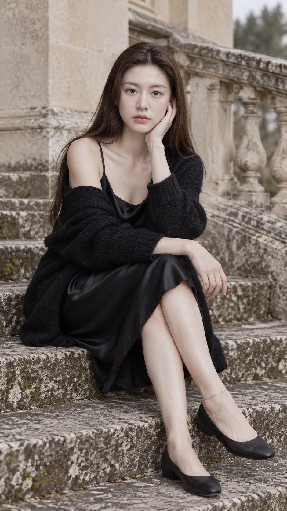 阴天石阶上的黑色缎面时尚人像 — AI image creation