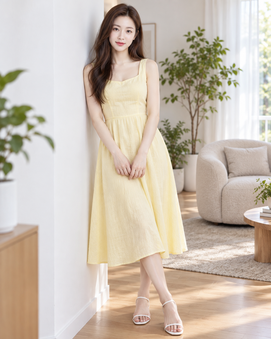柔和日光下淡黄色夏日连衣裙的成年女性肖像