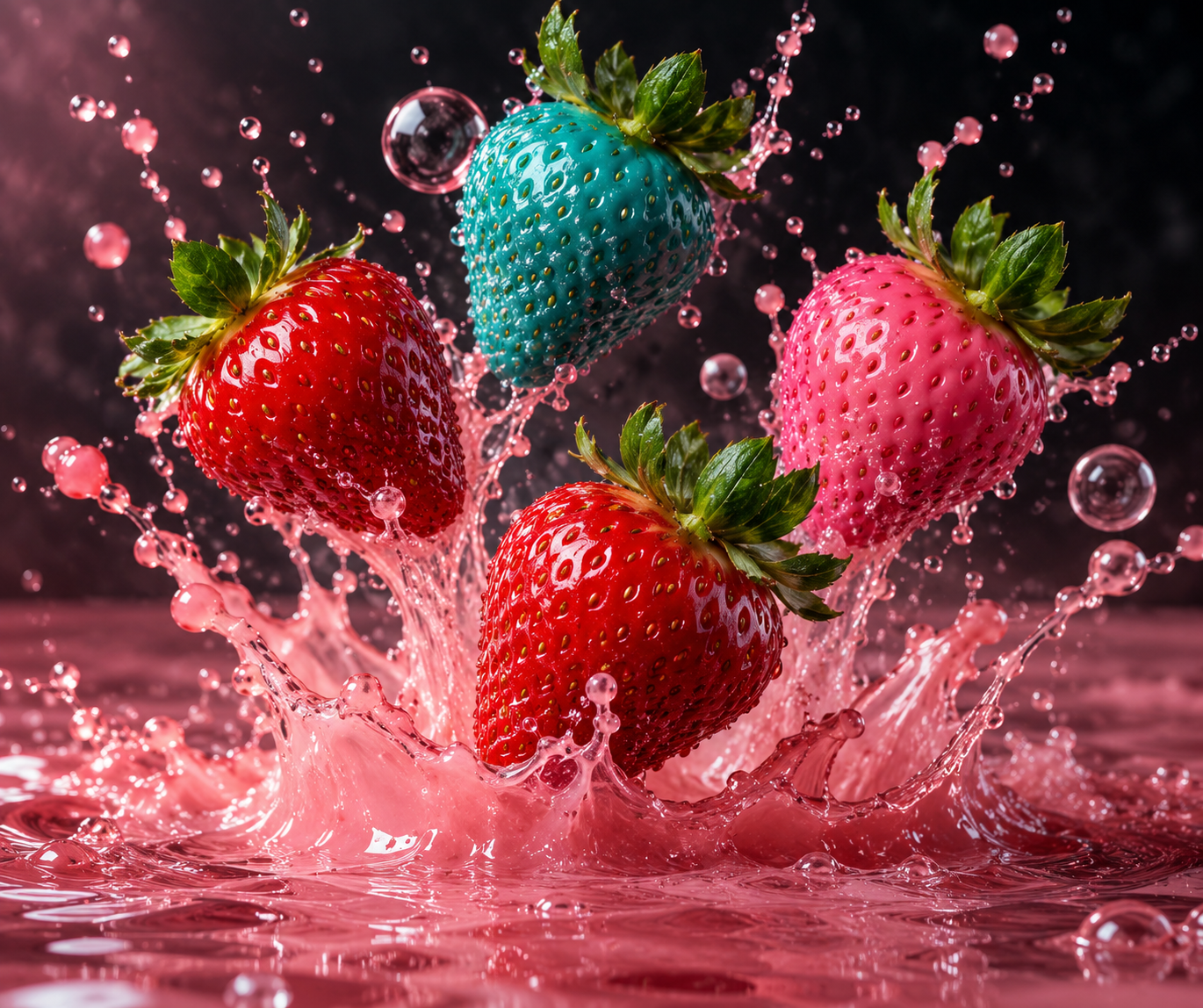 绚丽草莓溅入彩色液体的瞬间 — AI image creation