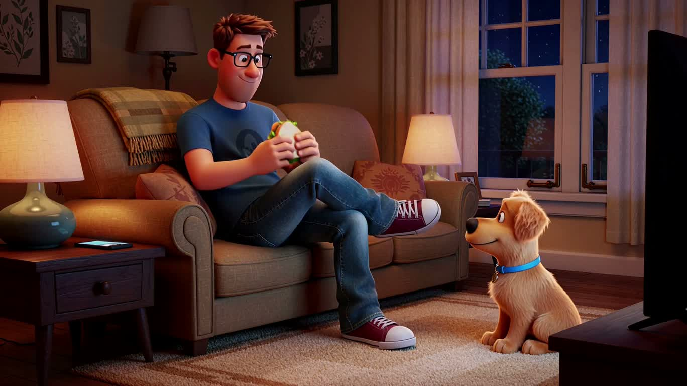 Chú chó con tham ăn bên ghế sofa