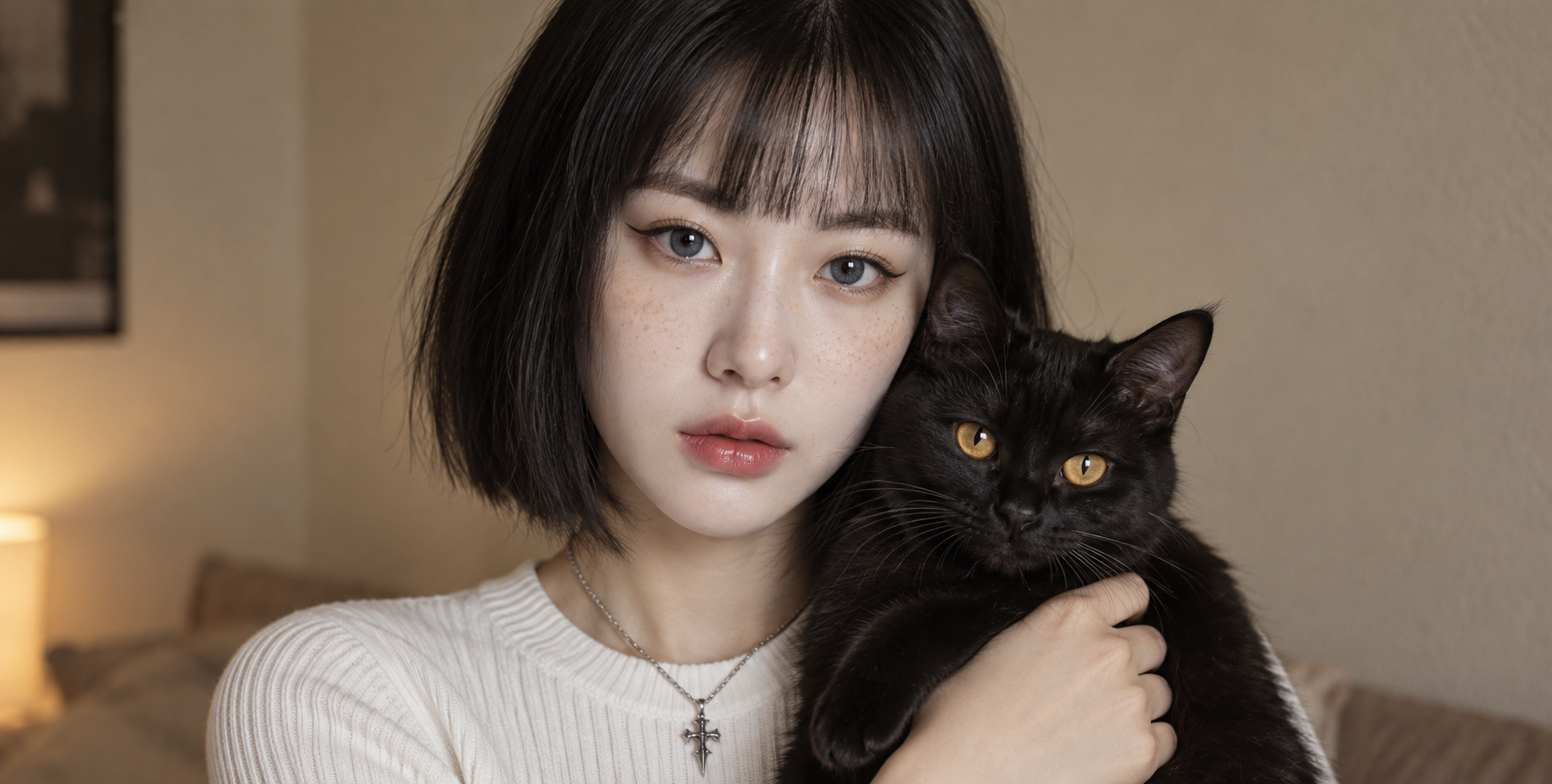 暖光室内的雀斑女性与黑猫静谧肖像