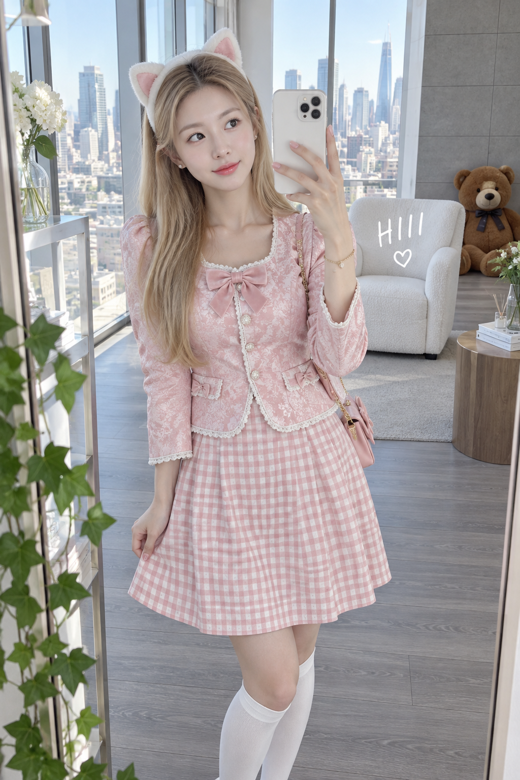 镜中粉嫩猫耳成人女性的俏皮自拍时刻