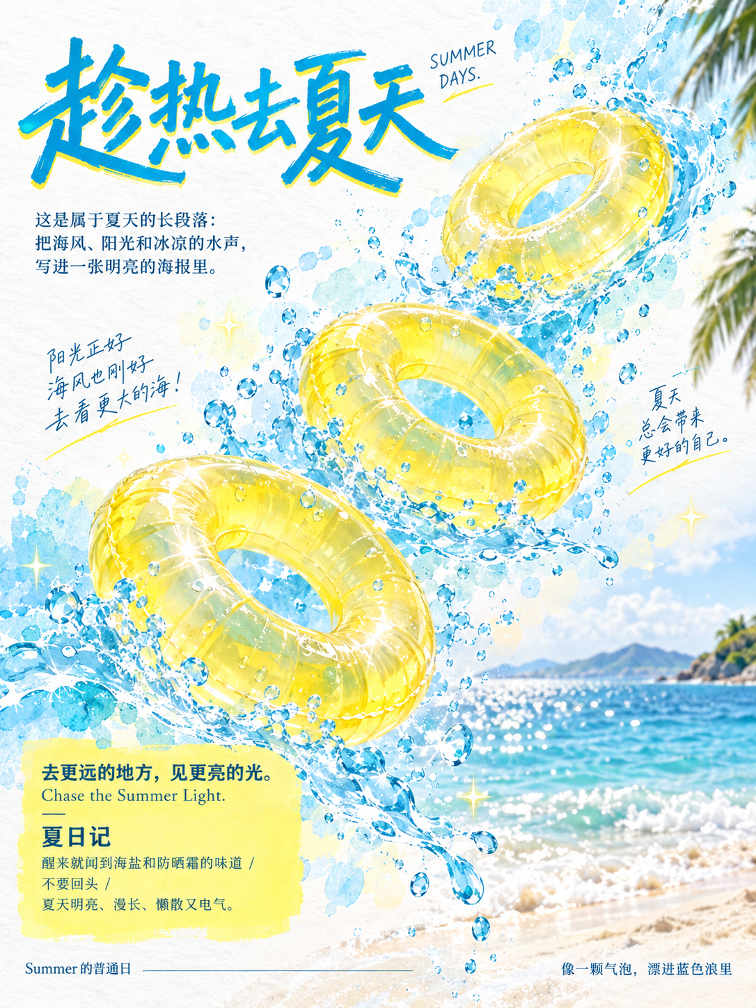高级夏日活动海报黄色游泳圈蓝色水彩浪花