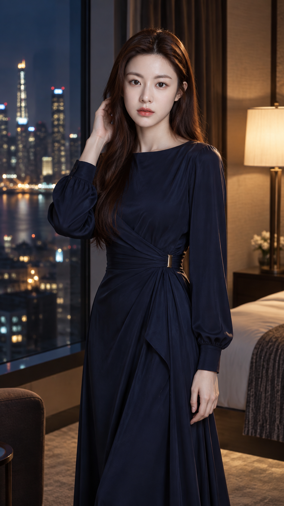 夜色酒店窗边的成年女性蓝色礼服电影肖像