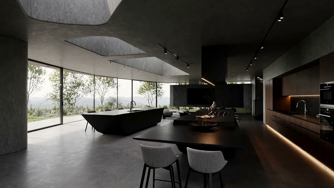Cuisine brutaliste noire de manoir