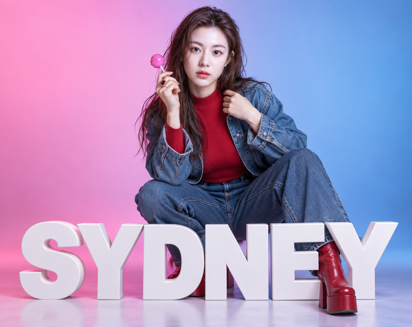 SYDNEY立体字前的粉蓝渐变时尚肖像