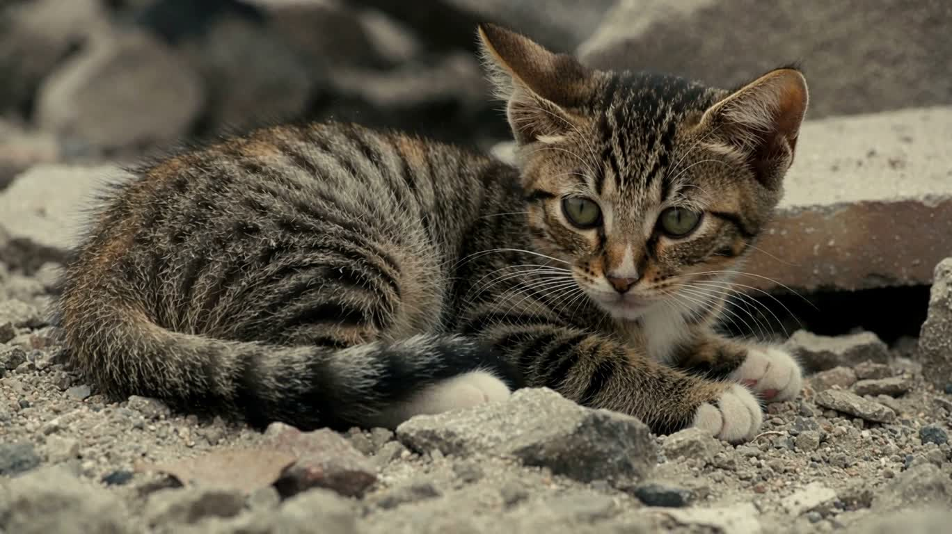 Un chaton blotti sur les ruines — AI video creation