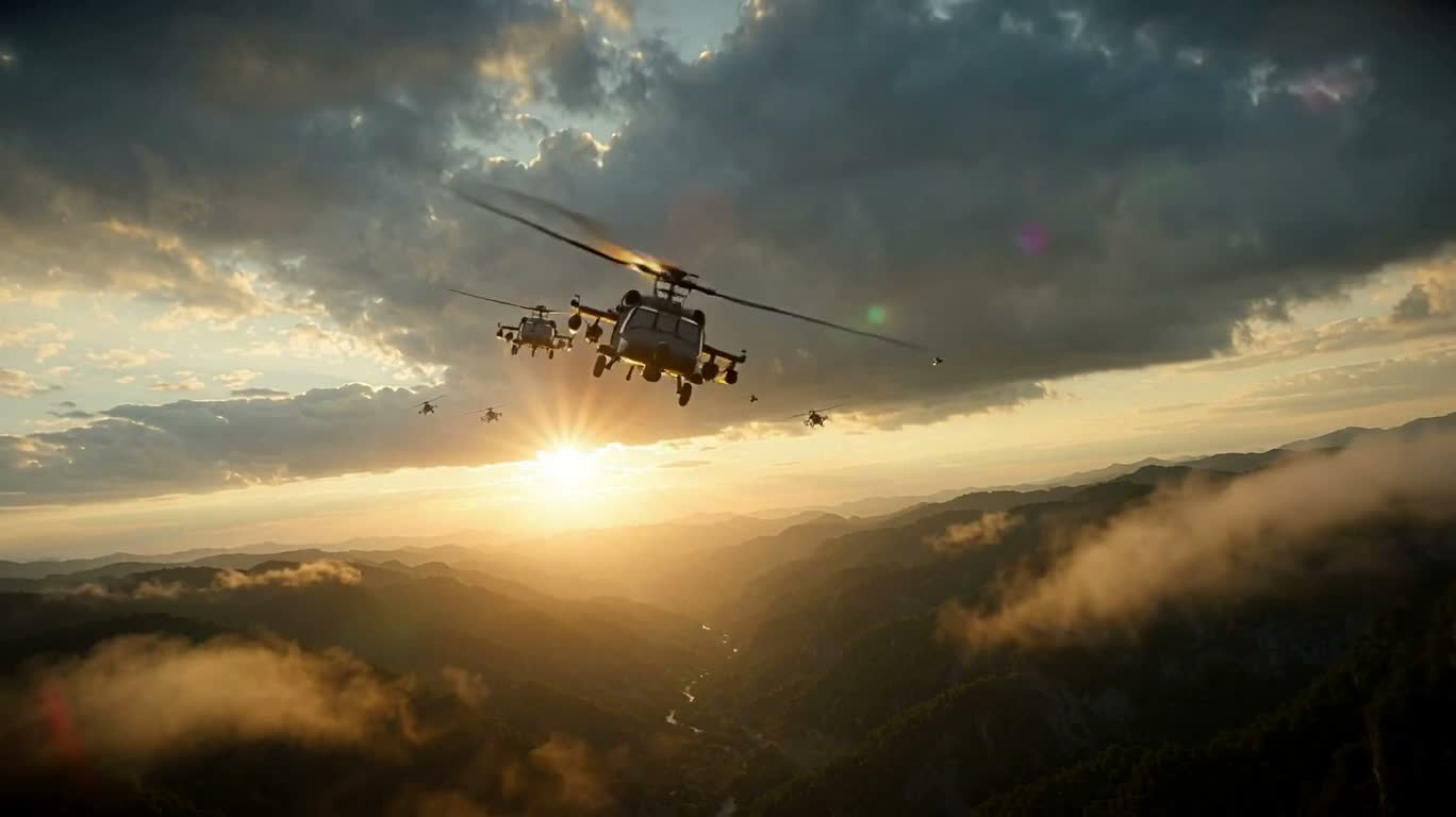 Raids d'hélicoptères armés dans une mer de nuages dorés