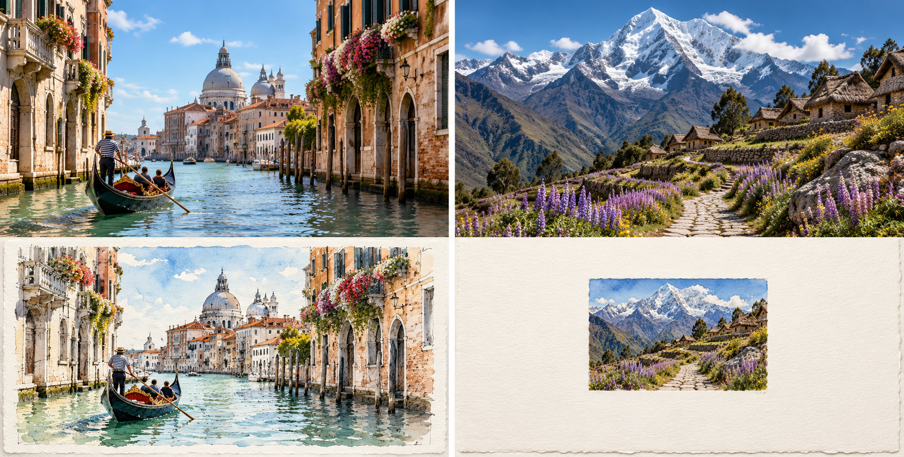 威尼斯运河与安第斯山景的双场景艺术对照 — AI image creation