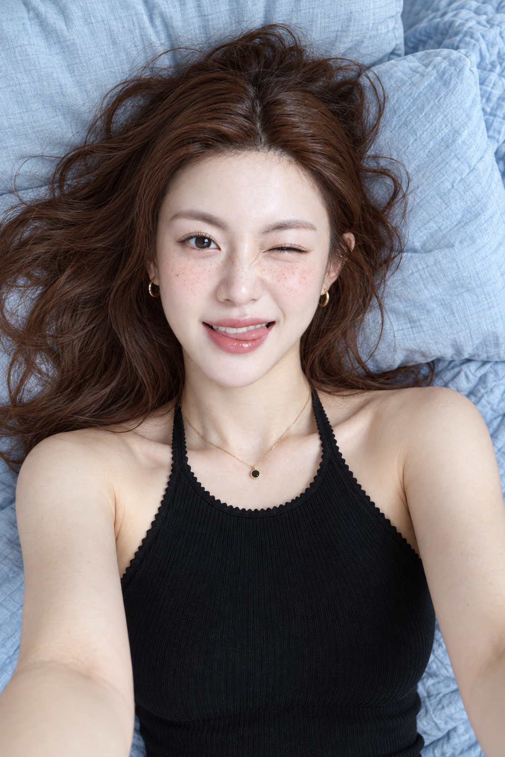 浅蓝织物背景中的俏皮俯拍成年女性肖像