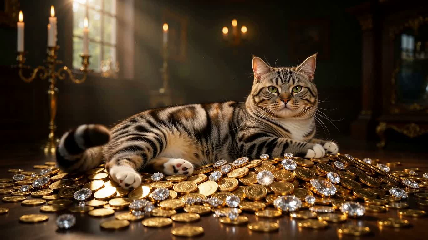 黄金珠宝堆中的皇家猫