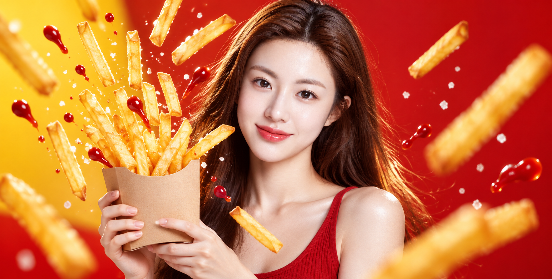 Visuel publicitaire rouge et jaune pour frites volantes