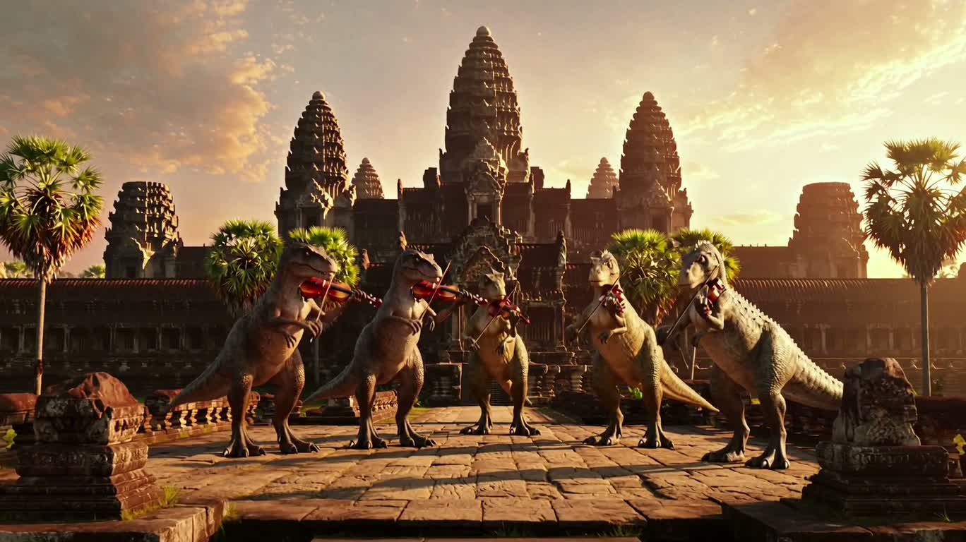 Hòa nhạc violin khủng long trước Angkor Wat