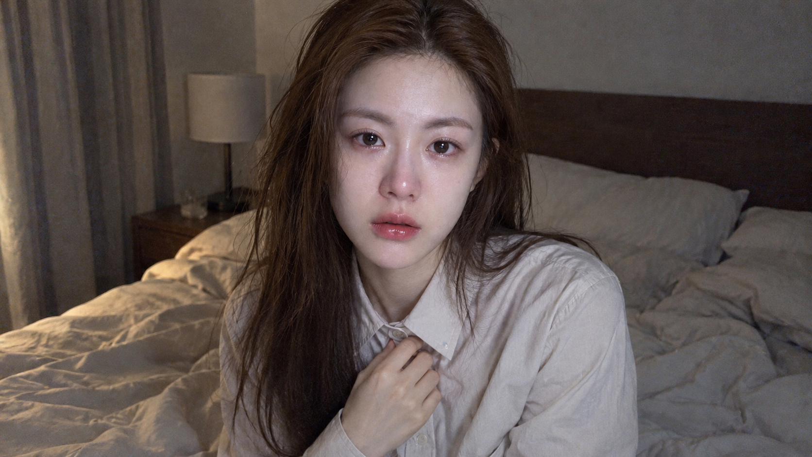 凌乱床铺上泪痕成年女性CCD抓拍 — AI image creation