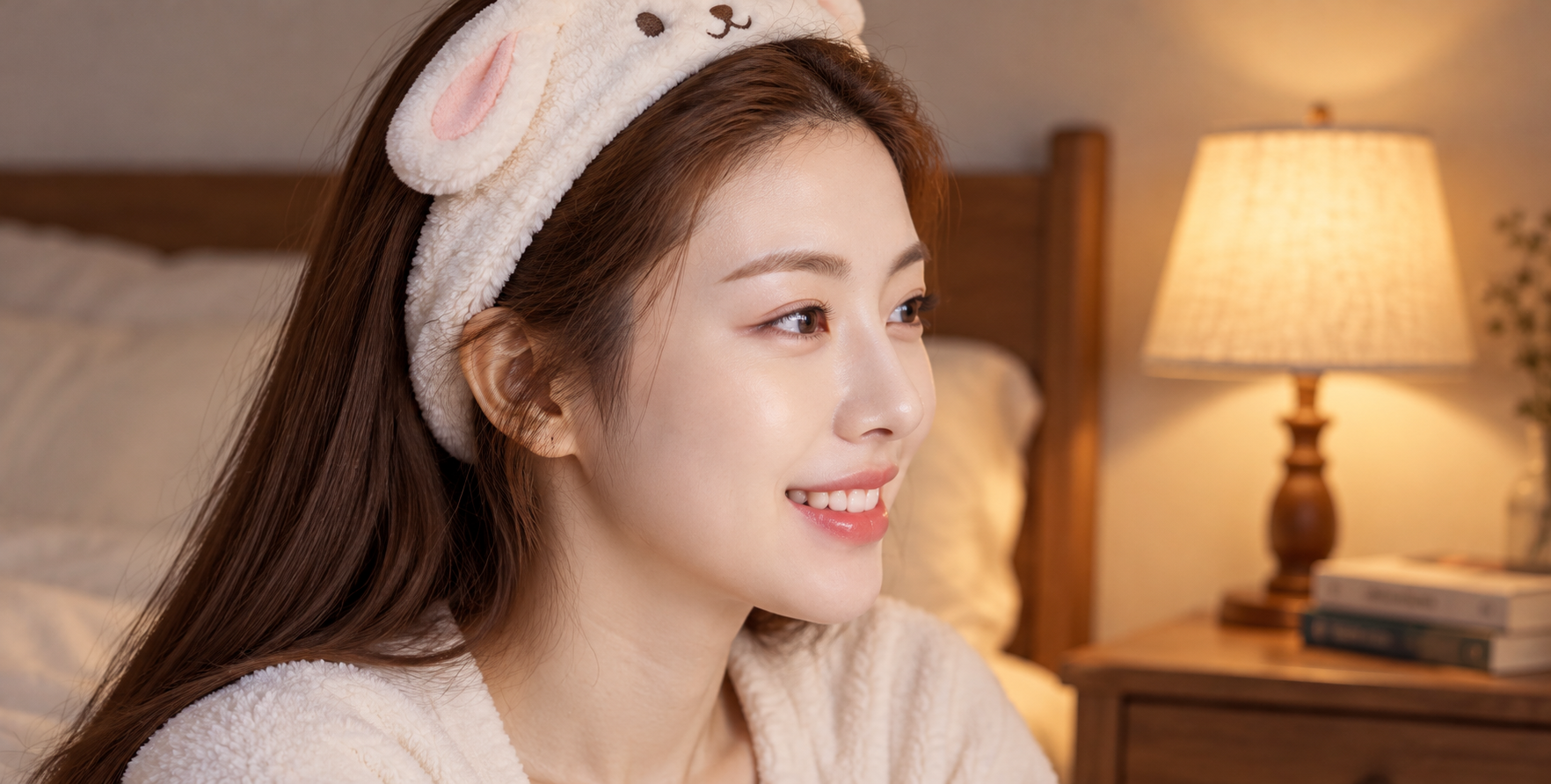 침실에서 하얀 봉제 캐릭터 머리띠를 쓴 성인 여성의 옆얼굴 미소 클로즈업