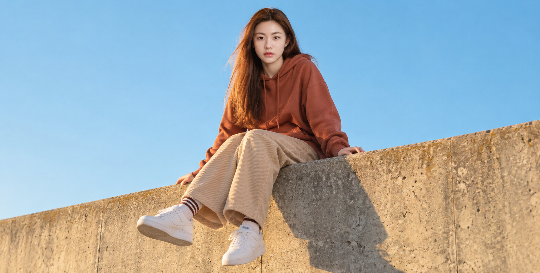 青蓝天空与暖阳下的成年女性街头肖像