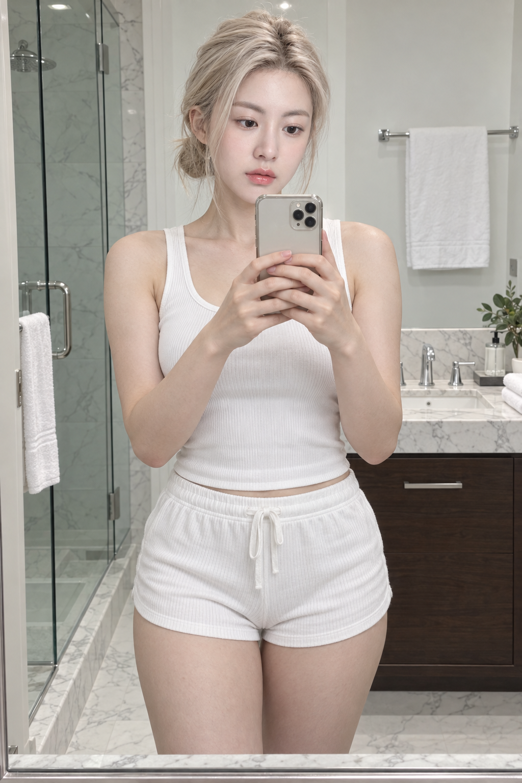 Selfie lumineux devant le miroir de la salle de bain