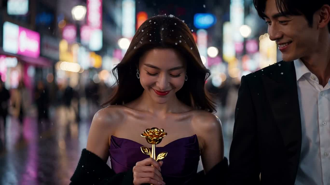 ネオン雪夜のローズキス — AI video creation