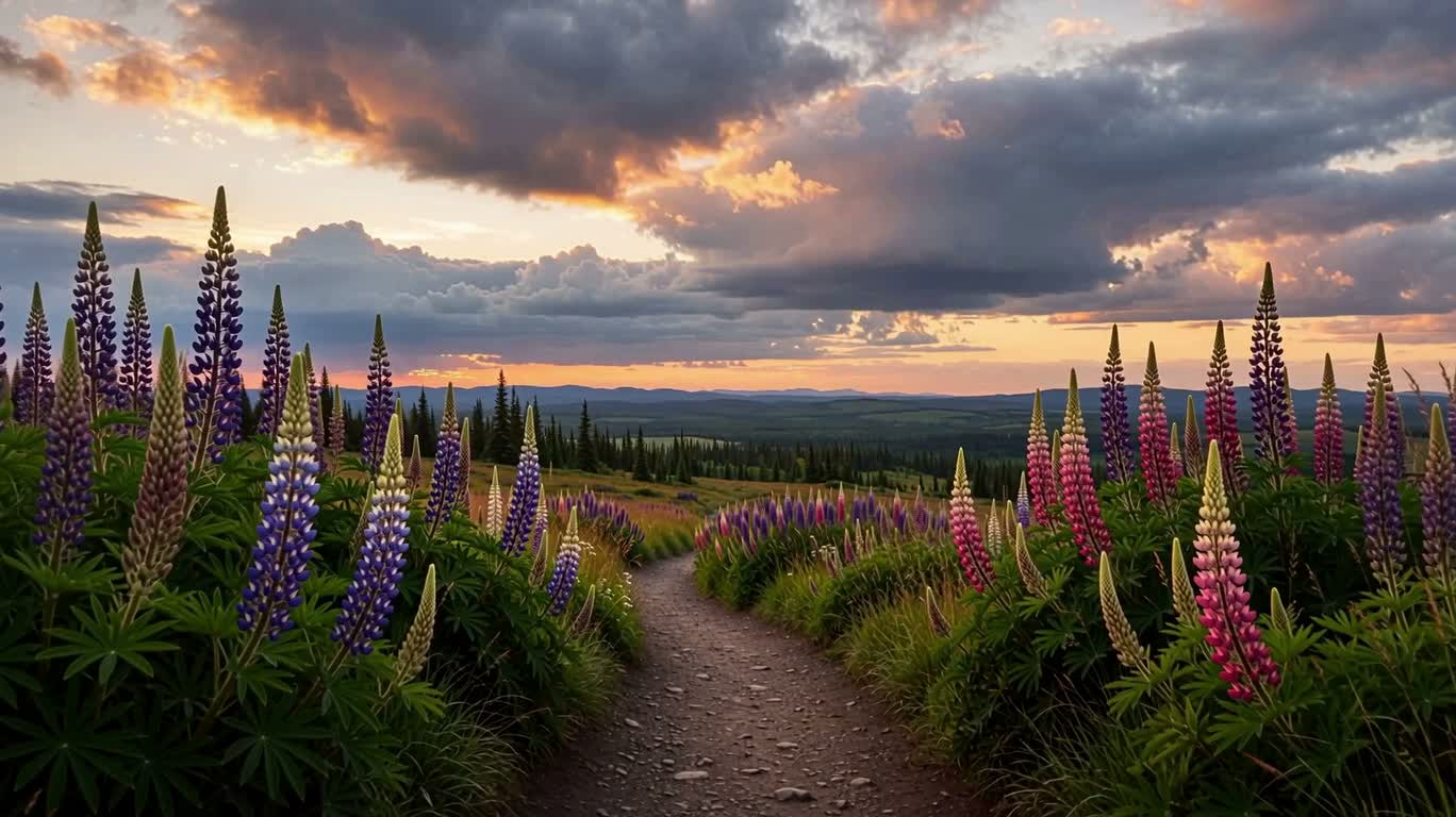Lupine Wilderness Under Autumn Thunderclouds