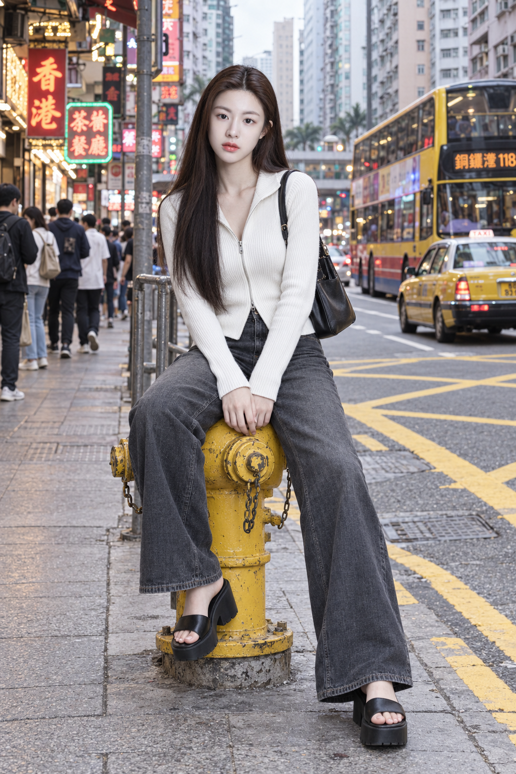 香港街头消防栓旁的成年时尚肖像 — AI image creation