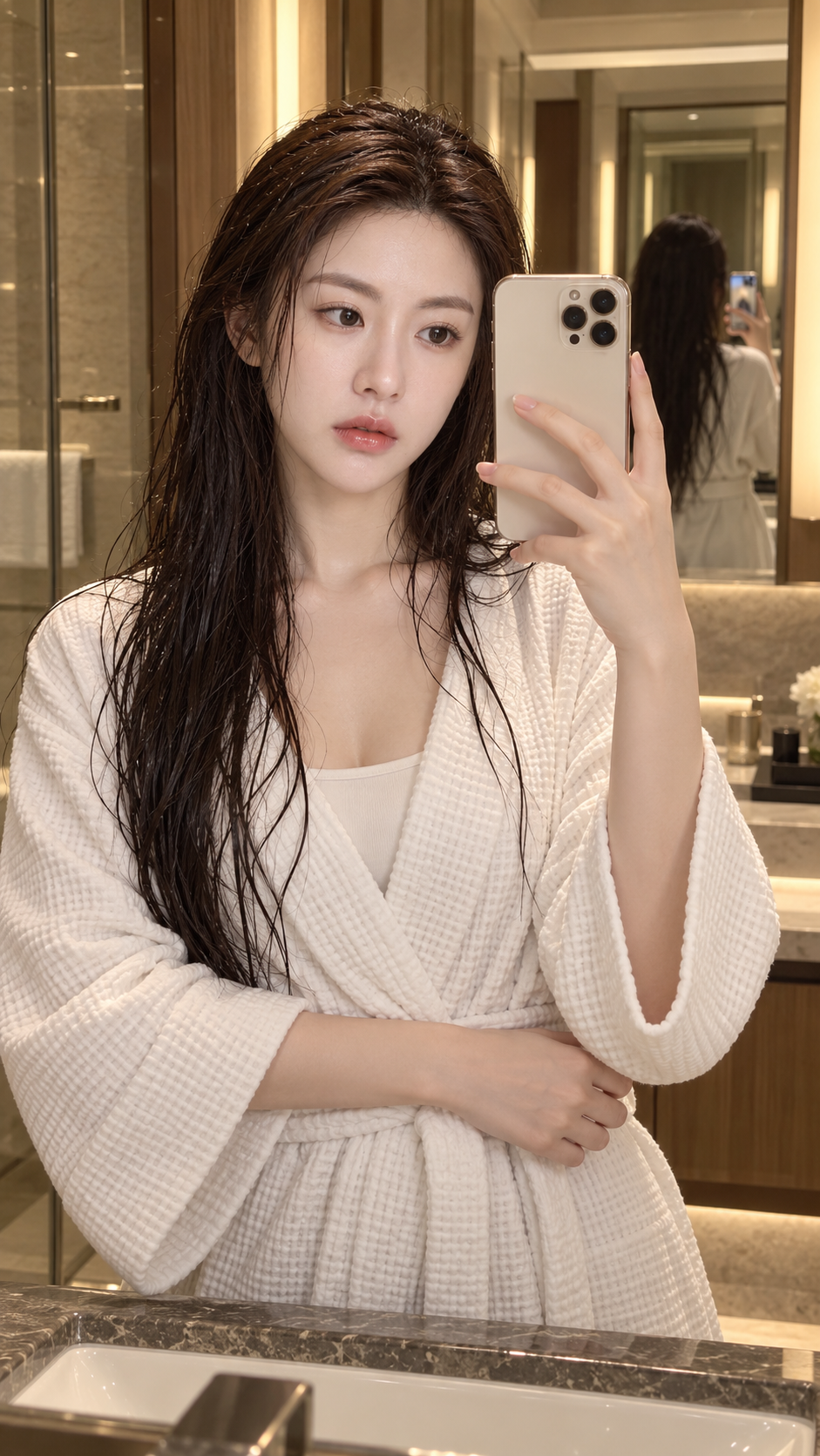 따뜻한 조명 욕실에서 젖은 머리로 거울 셀카
