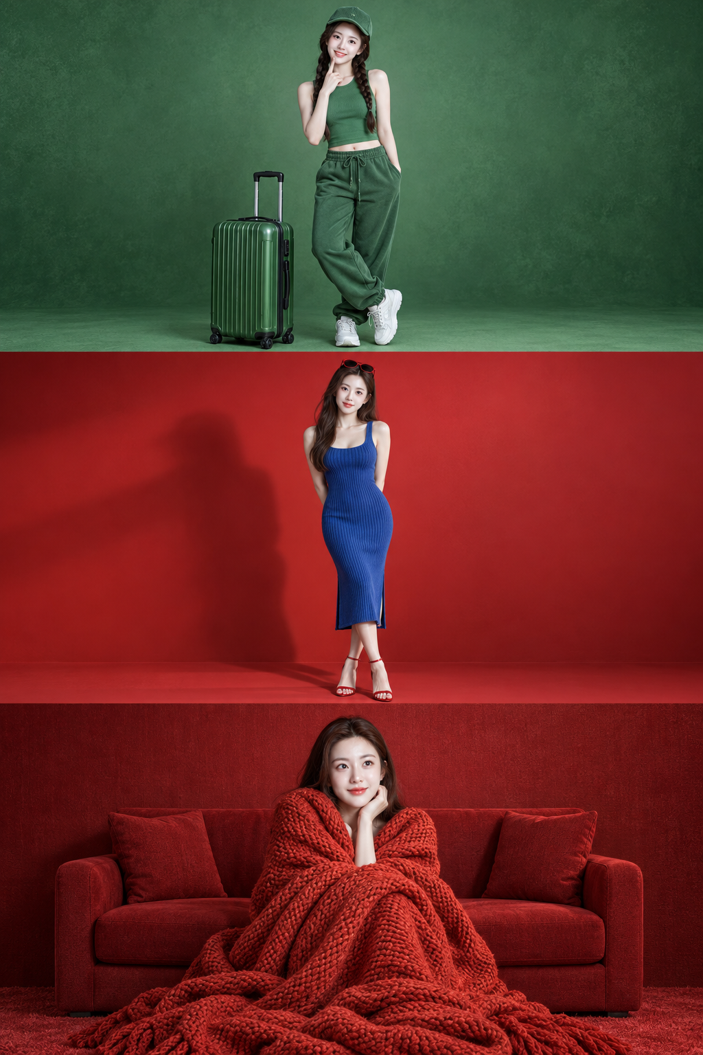 같은 성인 여성의 세 가지 컬러 블록 3D 스타일