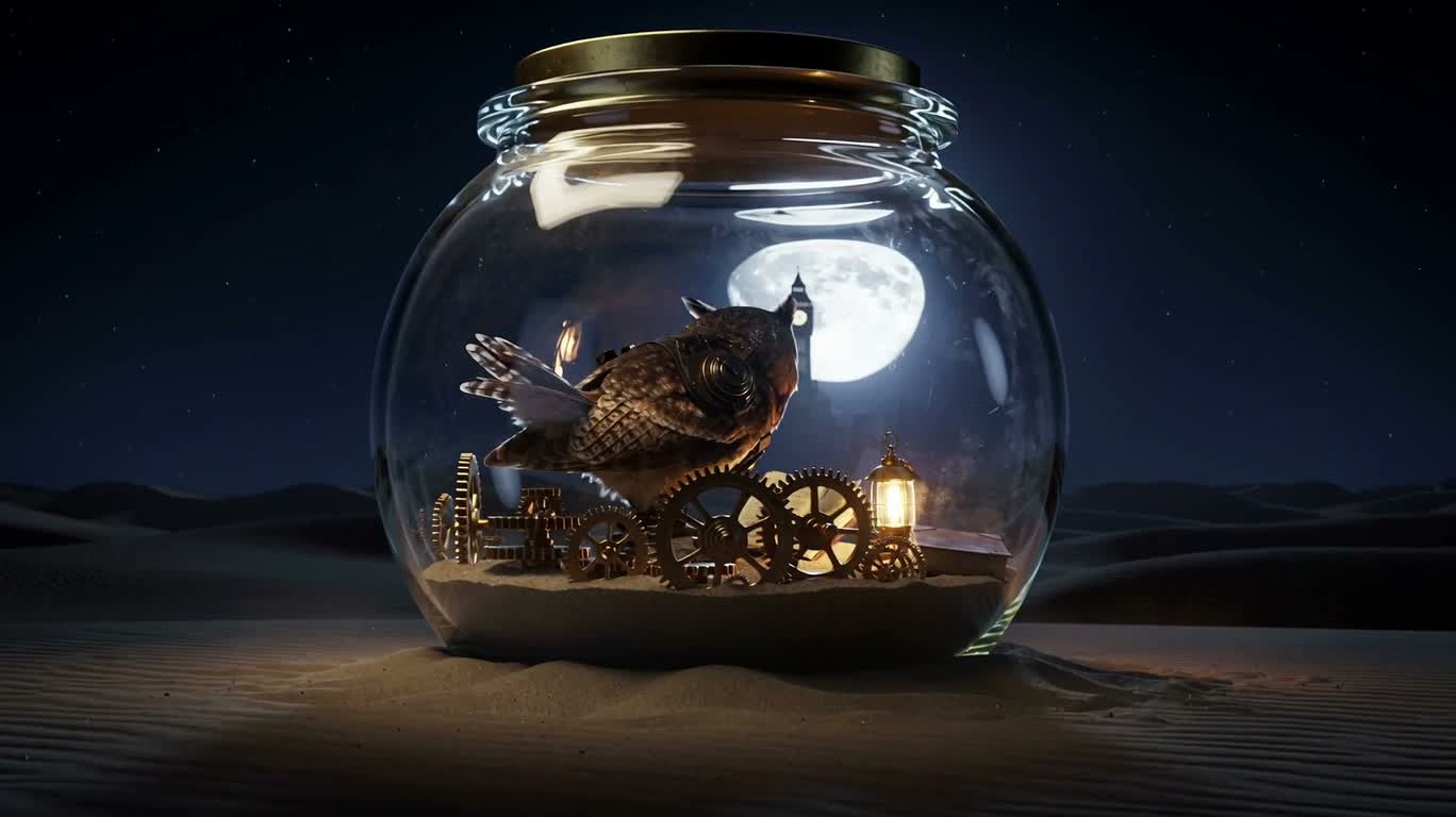 Détective hibou steampunk dans le sable lunaire