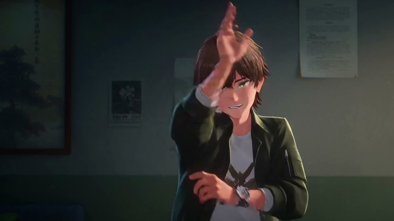 Dynamic line art of a brown-haired youth with green eyes