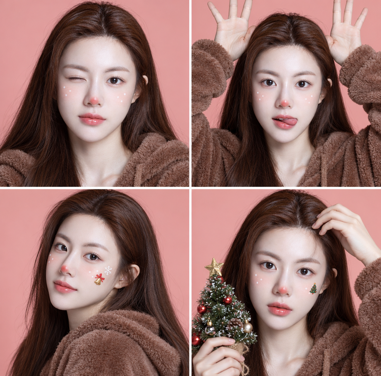 Ảnh ghép bốn ô selfie người lớn trang điểm tuần lộc Giáng sinh