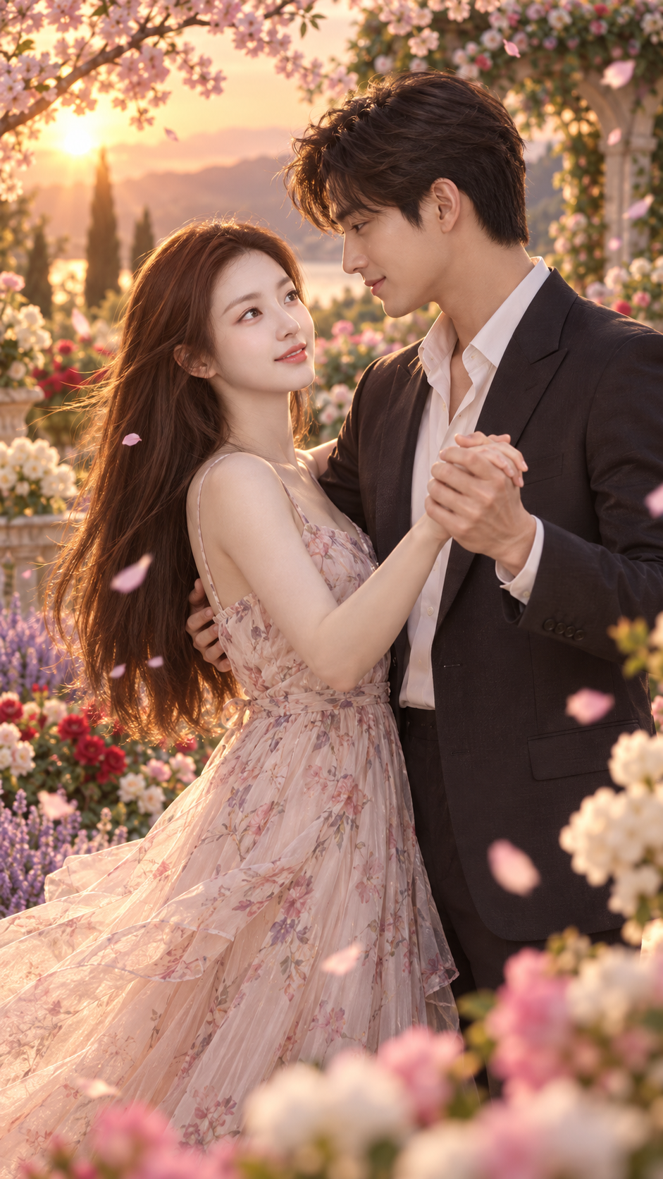 Adult Couple in a Dreamy Flower Garden at Sunset