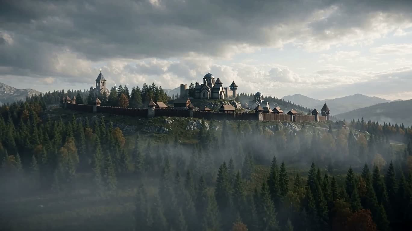 Ville de montagne au château sous un ciel gris