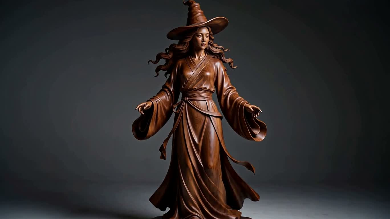 Portrait cinématographique d'une statue de sorcière en acajou
