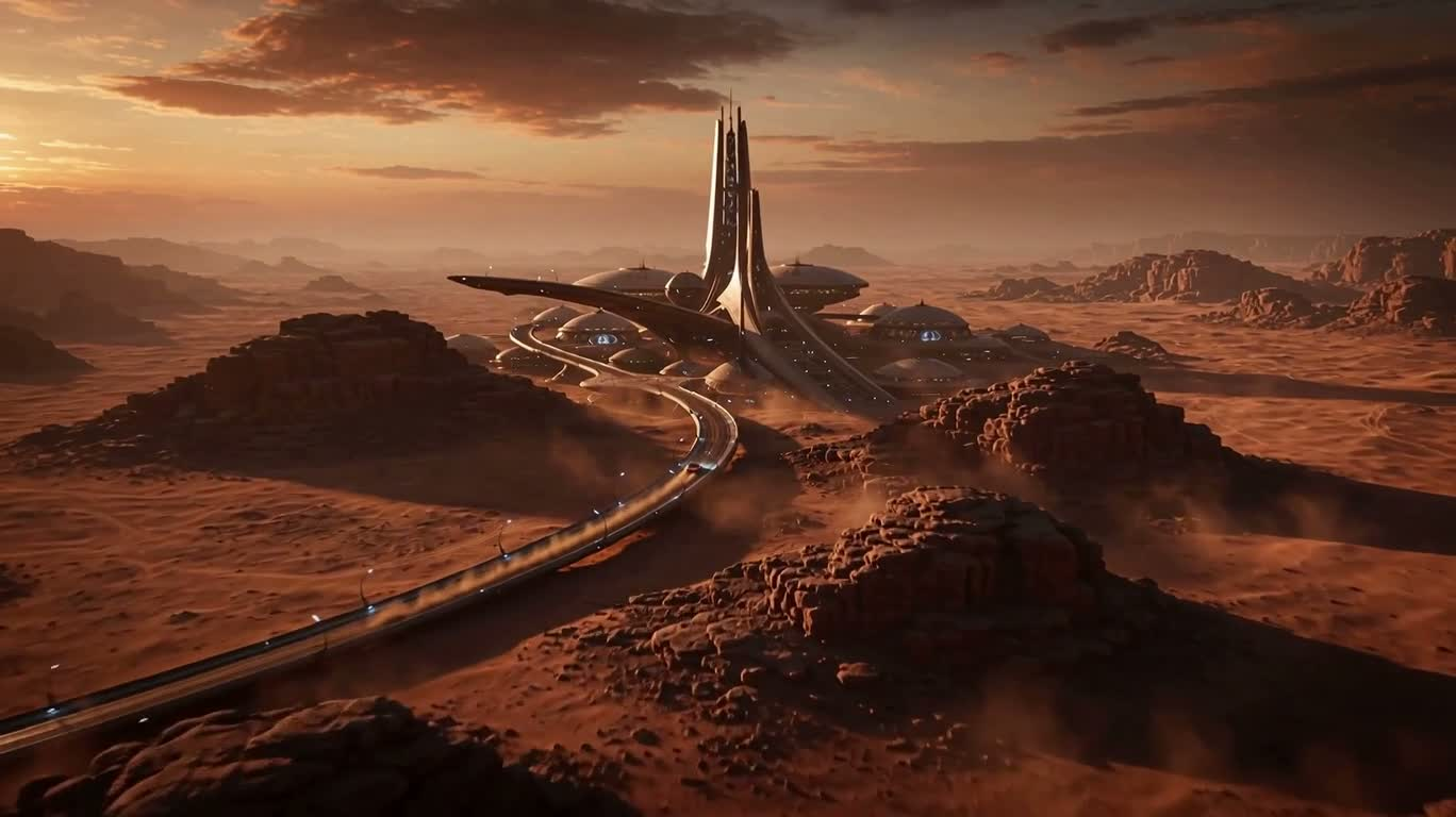 Футуристическая космическая станция в красной пустыне