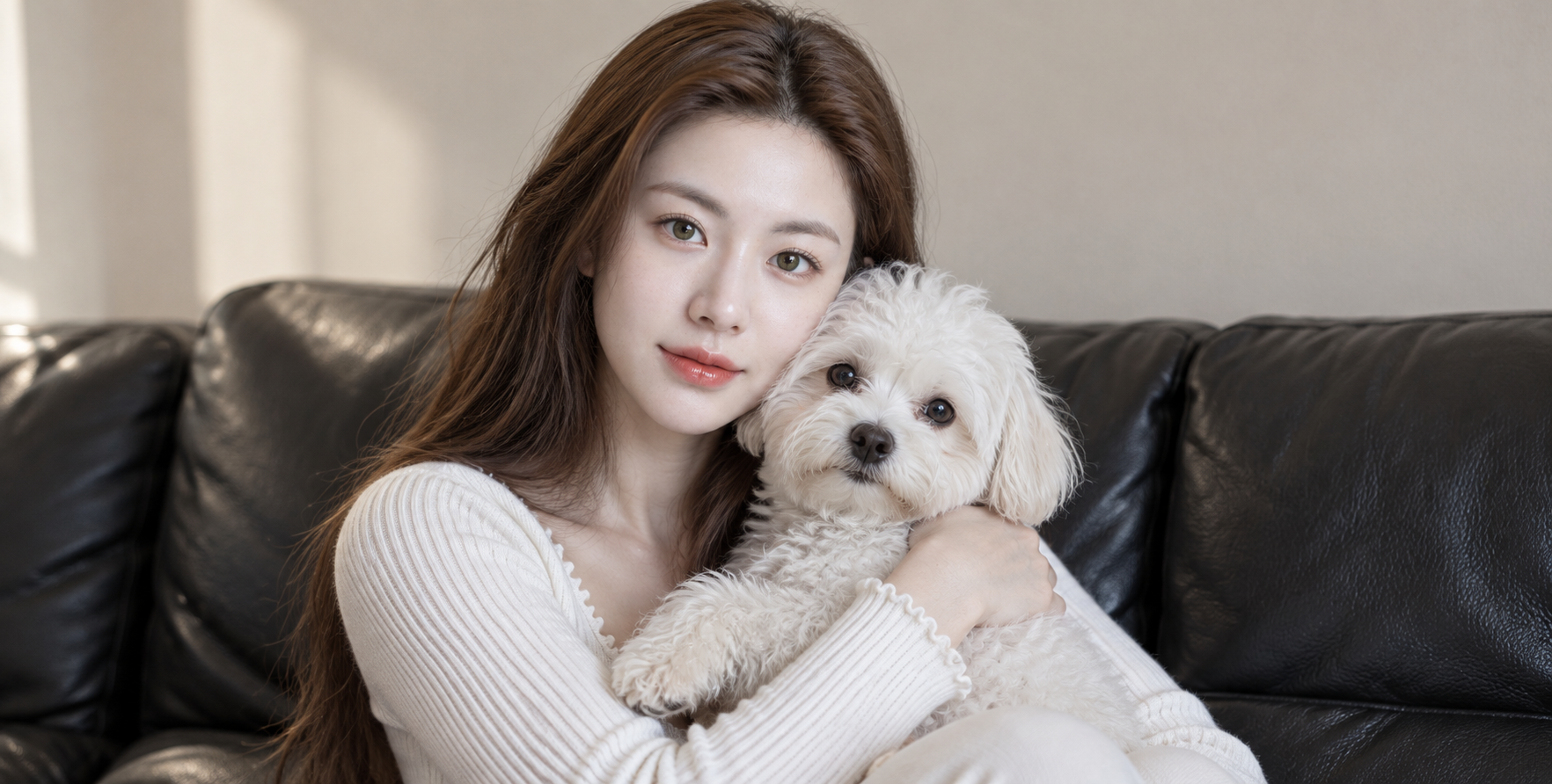 温暖窗光下少女怀抱白犬的超写实人像