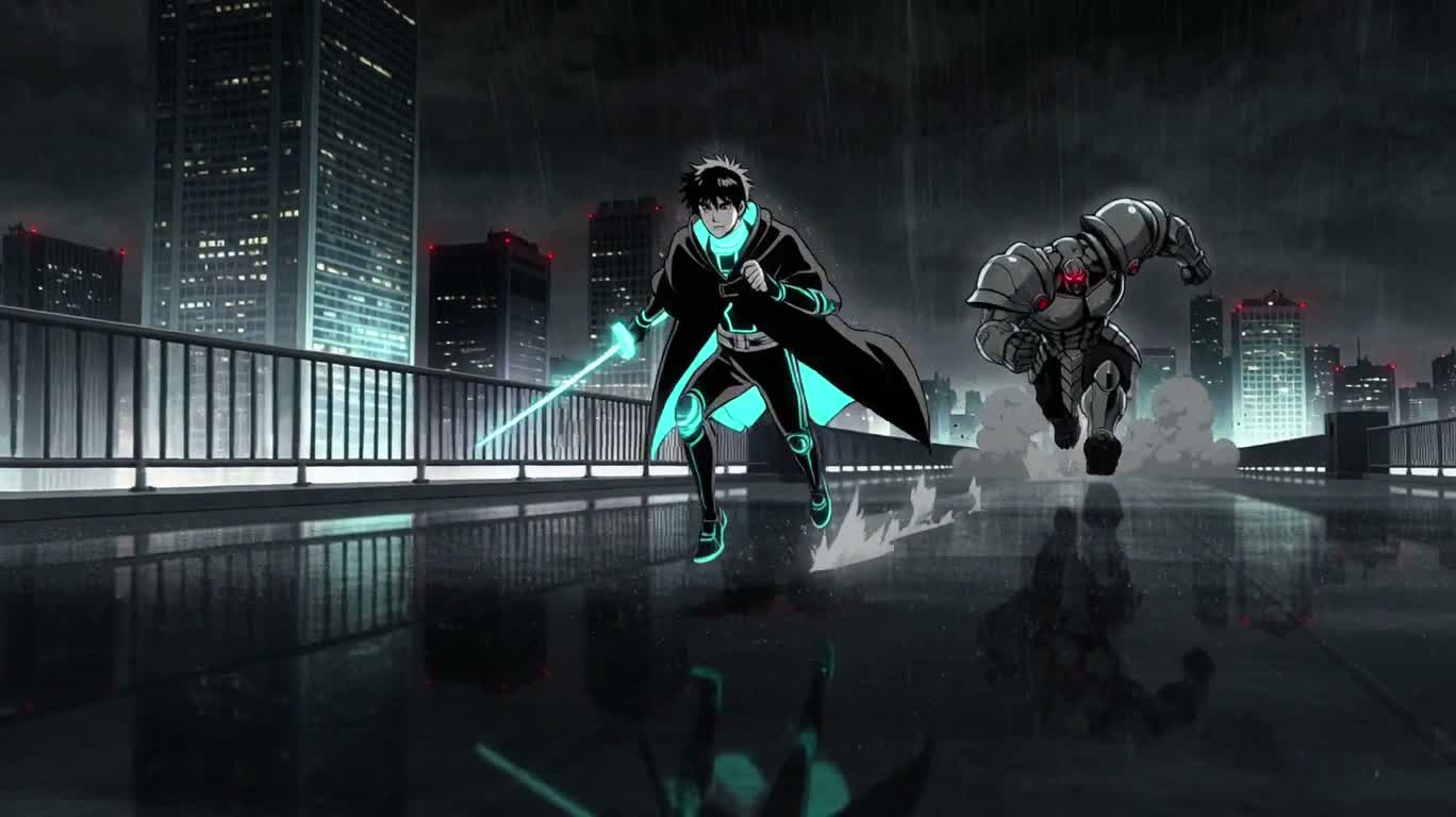 雨夜のネオン屋上:サイバー侍対装甲魔王