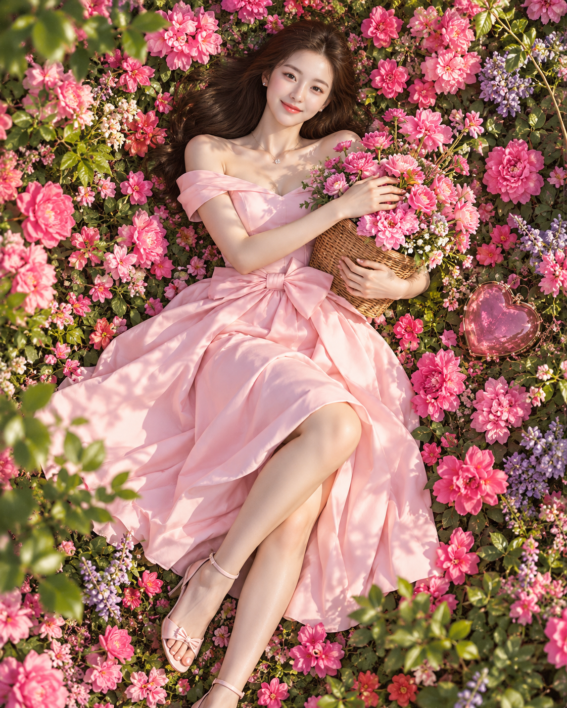 花畑を俯瞰で撮影したピンクのドレスを着た成人女性のファッション写真