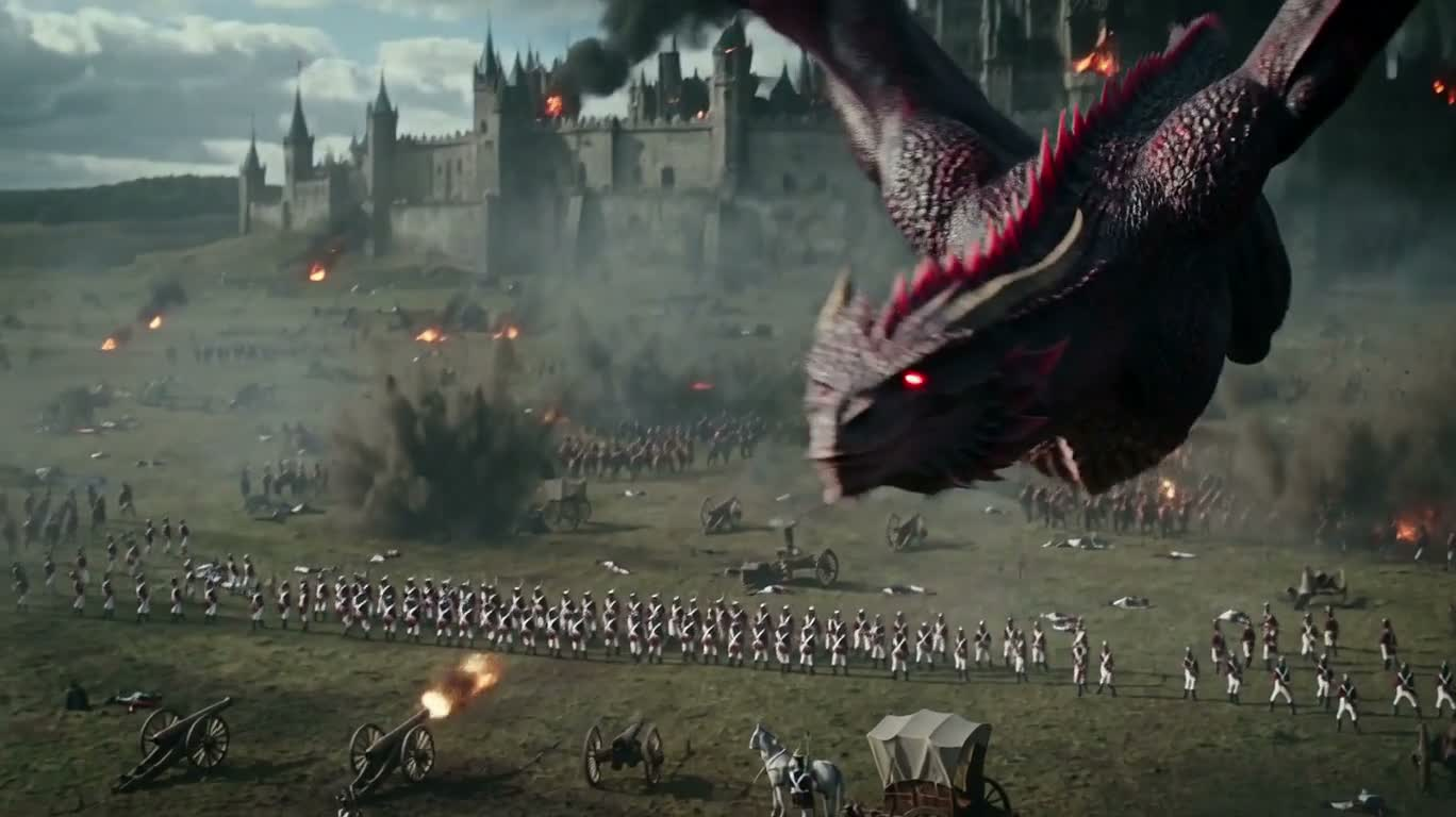 紅の竜が城の戦場を襲撃