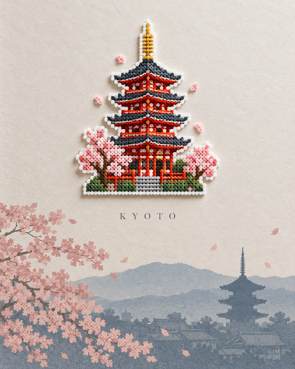 Perler Bead Miniature Theme and Minimalist Travel Editorial Poster