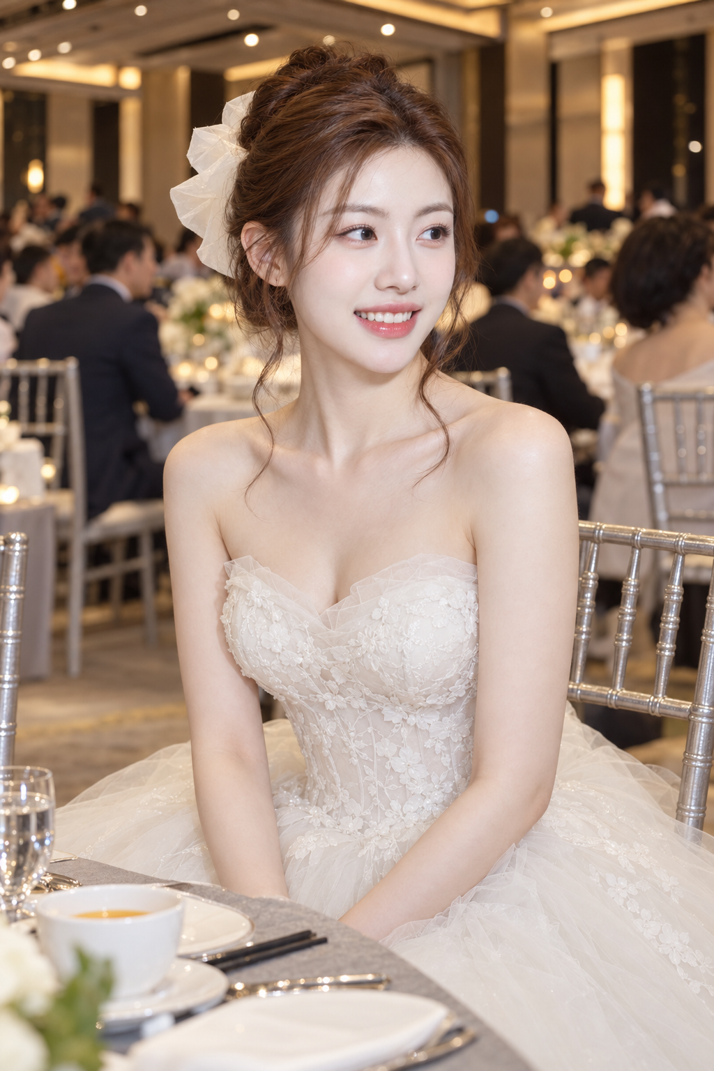 결혼 피로연에서 흰 레이스 스트랩리스 드레스를 입은 신부의 다큐멘터리 초상