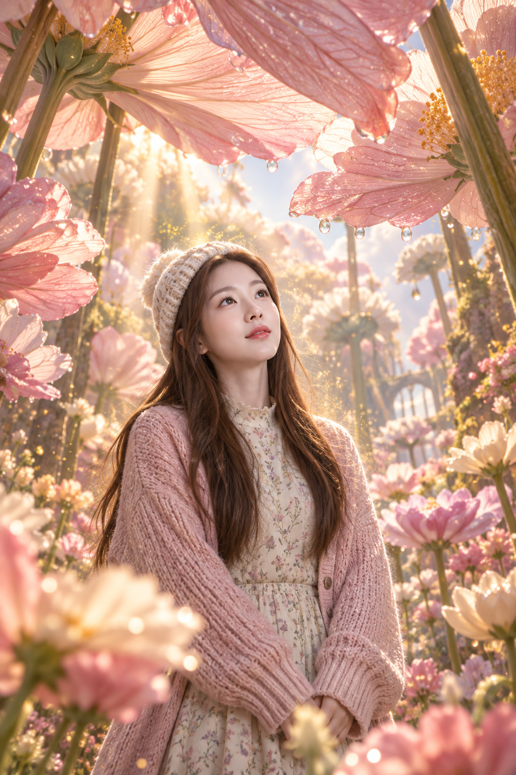 巨型花海中的成年女性奇幻肖像