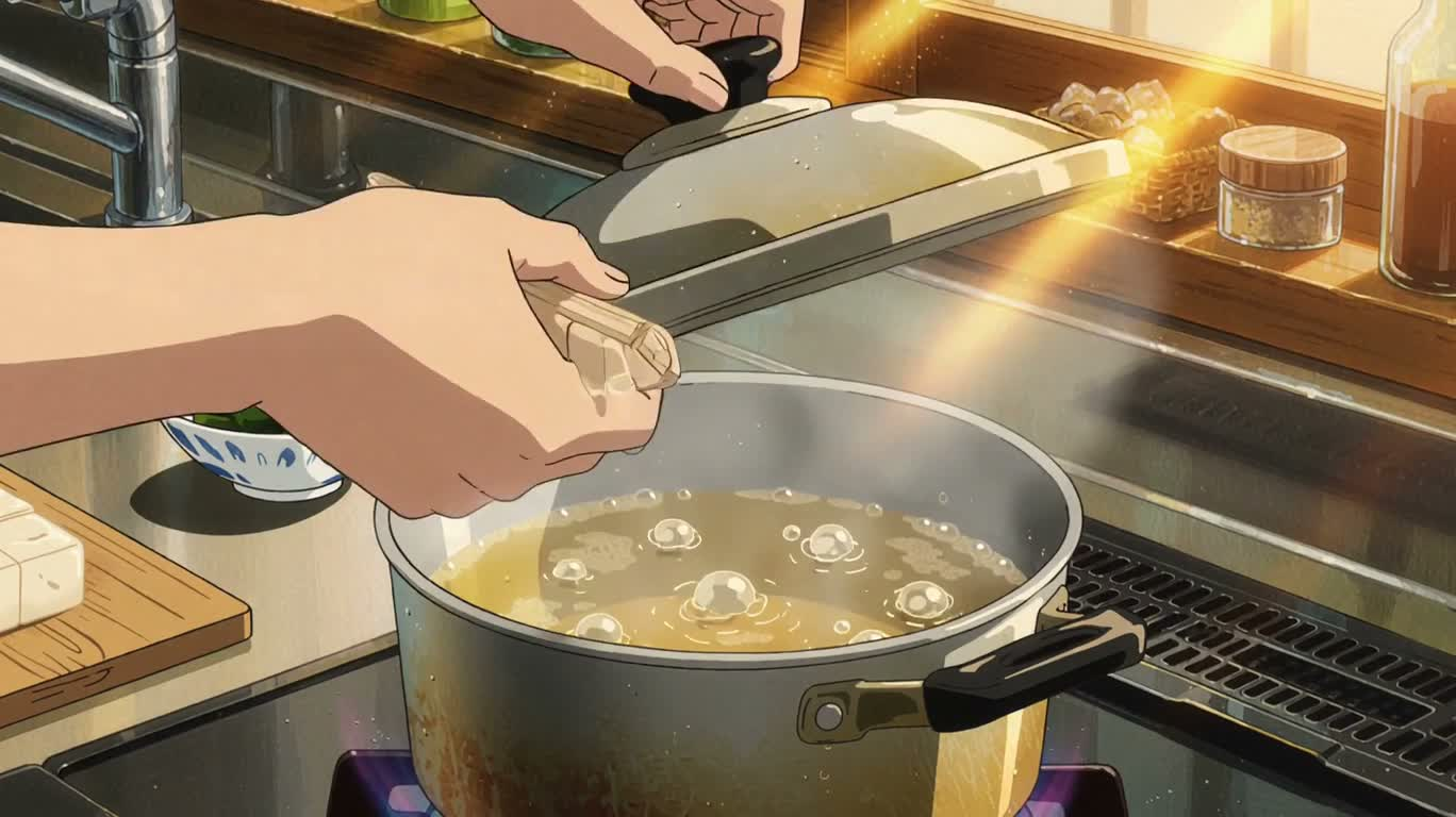 手描きアニメで味噌汁作り