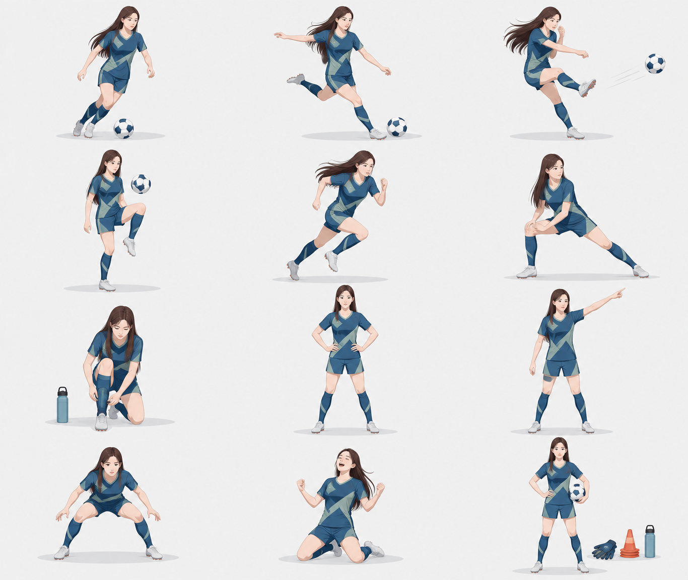 同一の成人サッカーキャラクターの四列等間隔ポーズ表