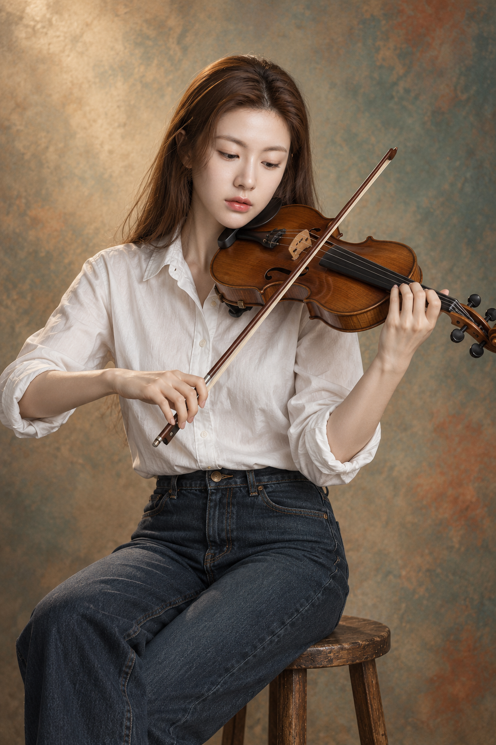 부드러운 채색 배경 속 바이올린 연주자 초상