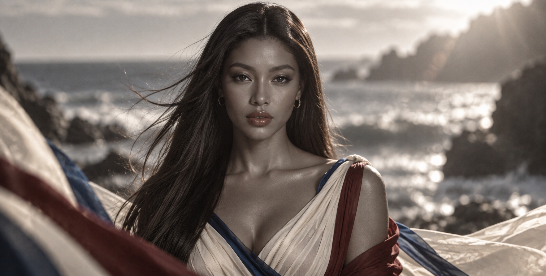 奢华魅力成年黑人女性海滨肖像 — AI image creation