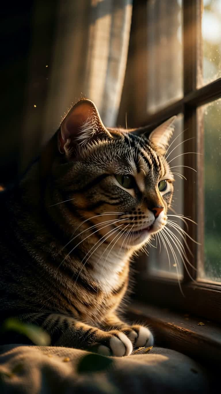 暖かな光の窓辺で見つめる猫 — AI video creation