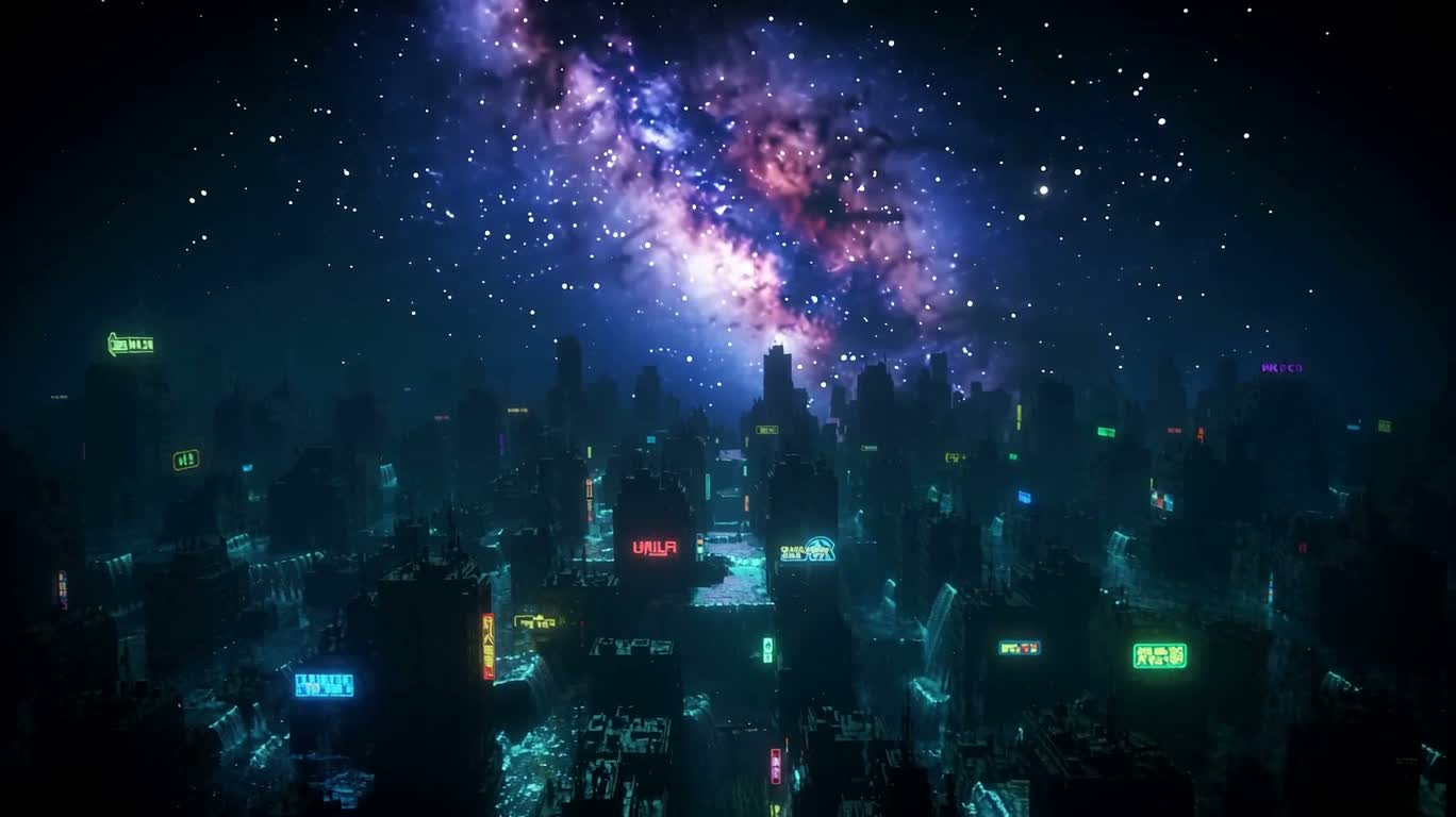 Mưa neon thành phố chìm trong tinh vân