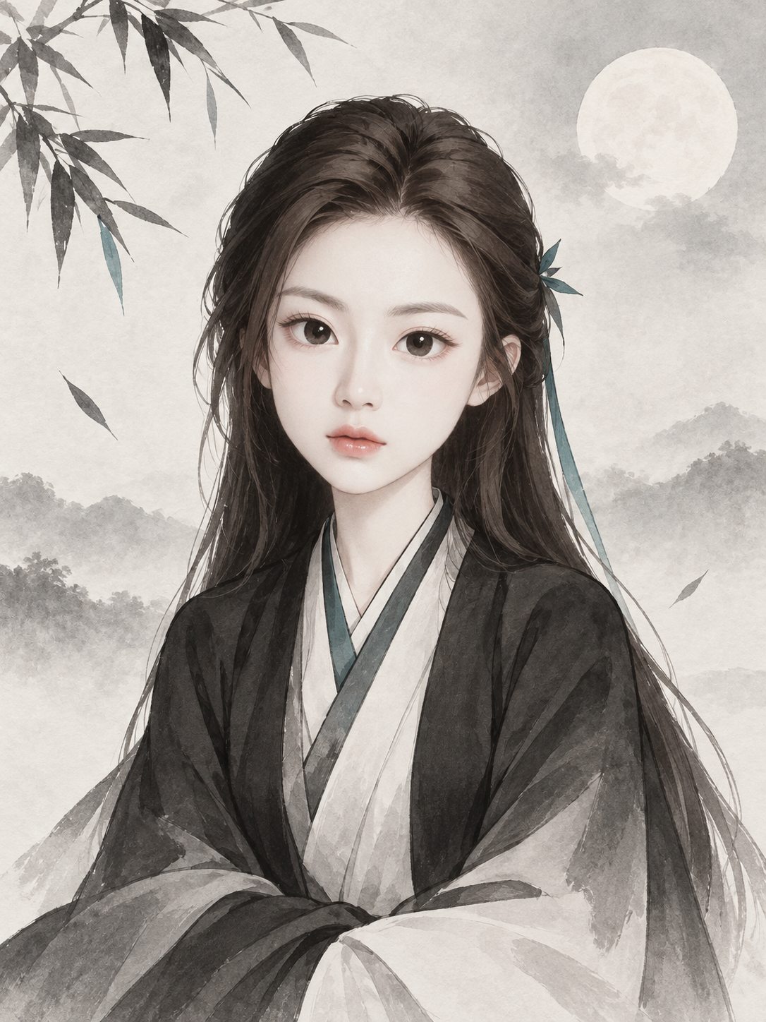 Minimal modern Guofeng Chibi ink poster
