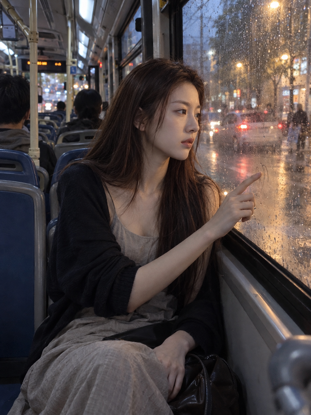 雨后公交车窗边的亚洲女性人像摄影