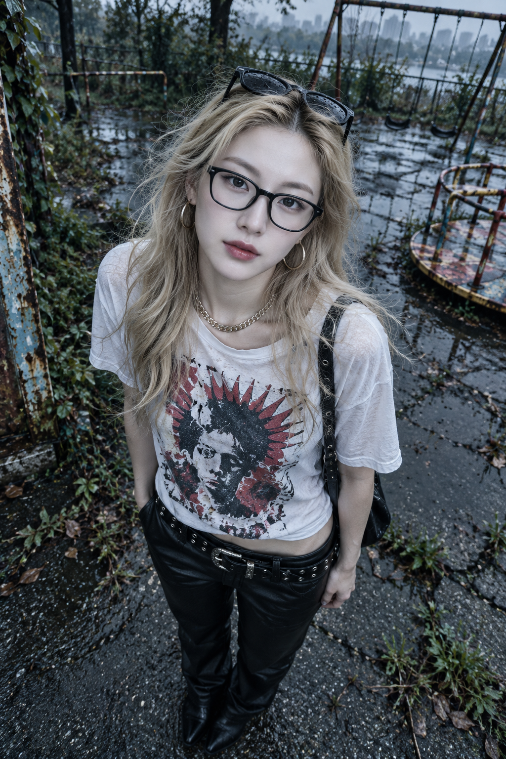 Chân dung đường phố của người punk tóc vàng trưởng thành trong công viên bỏ hoang — AI image creation