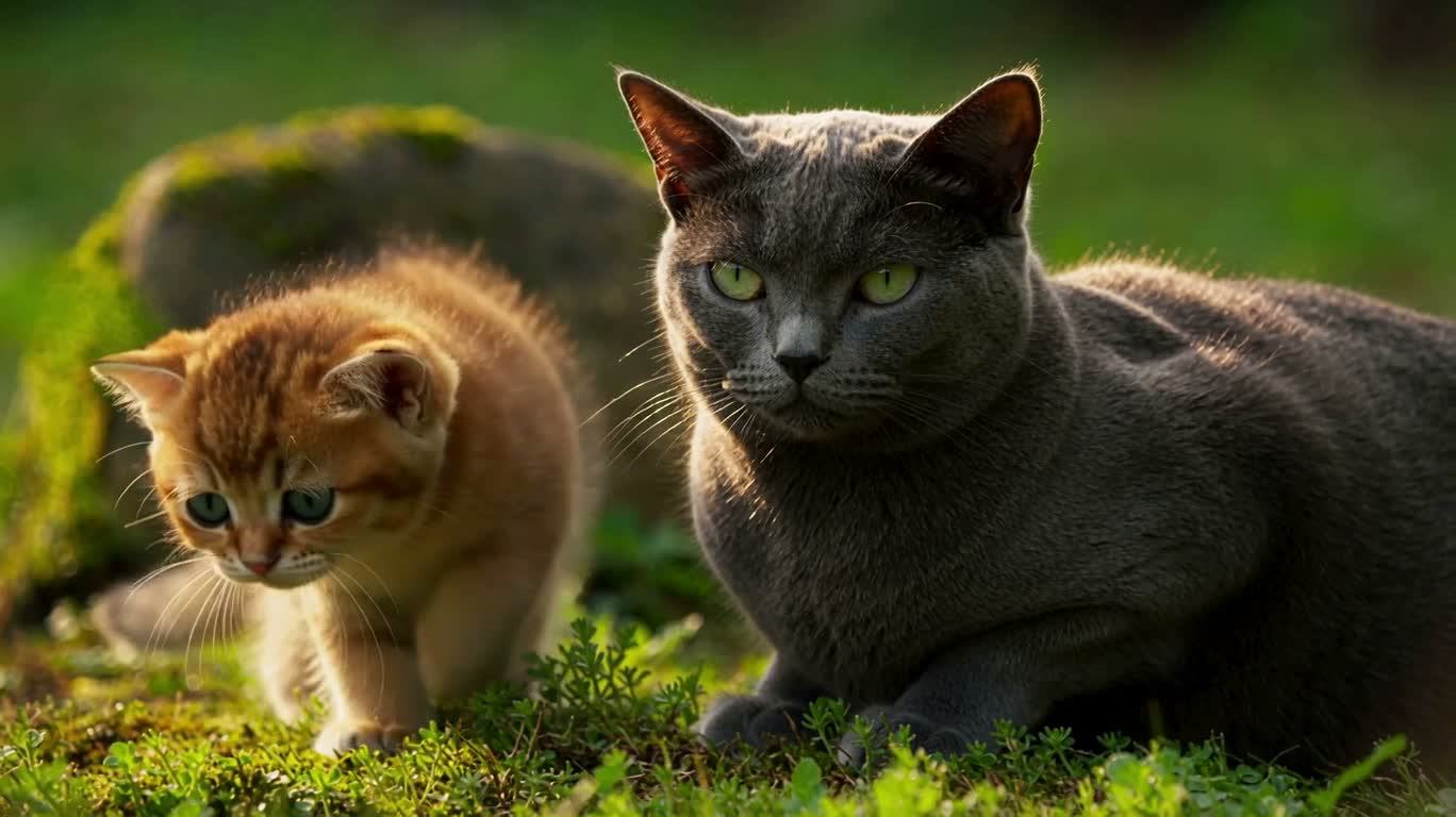 阳光下的猫妈妈与小猫